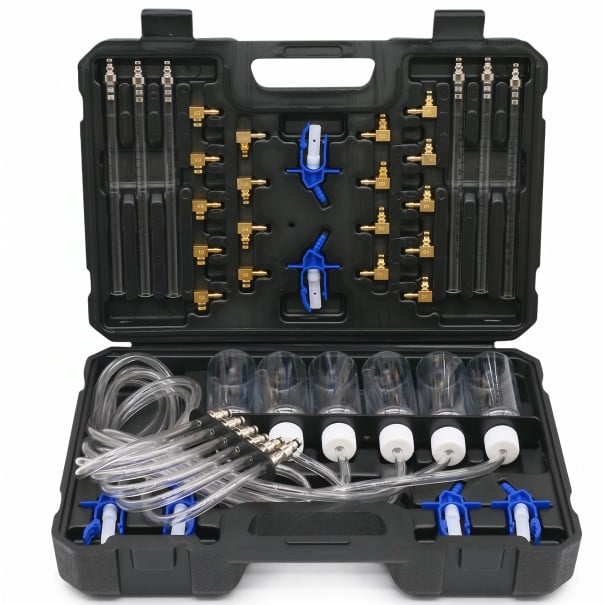Sada na testovanie prepadov vstrekovačov v kufri 31 x 22 cm pre dieselové motory common rail so 6 valcami s odmernými nádobkami a adaptérmi 1