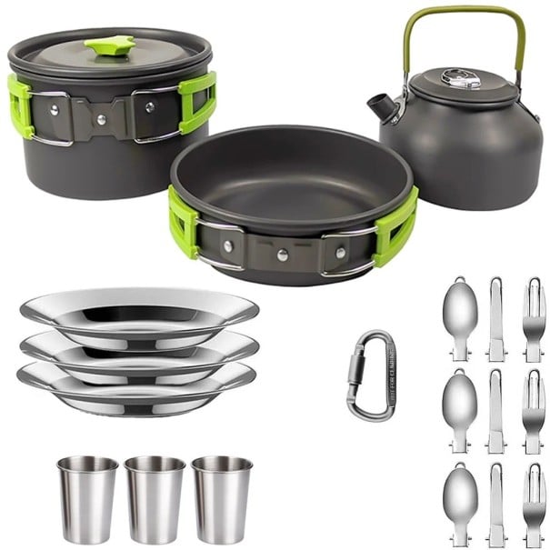 Sada nádobí na kemp pro 3 osoby Hrnec s víkem 175 x 95 mm pánev 180 x 45 mm konvice 800 ml a hrnky 330 ml Tvrdá hliníková slitina 1