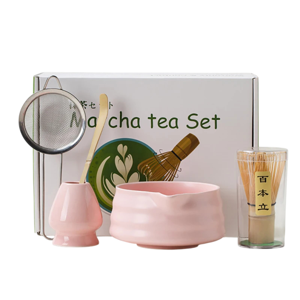 Sada nástrojů Matcha 5 ks Růžová miska Chawan z keramiky Bambusová metla i naběračka Sítko a stojánek Ceremoniální příprava zeleného čaje 1