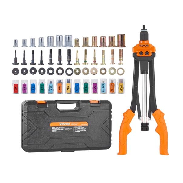 Sada nýtovacích matic poloautomatická s pákovým lisem 16" 186 ks ocel černo oranžová s výměnnými trny pro montáž nýtů 1