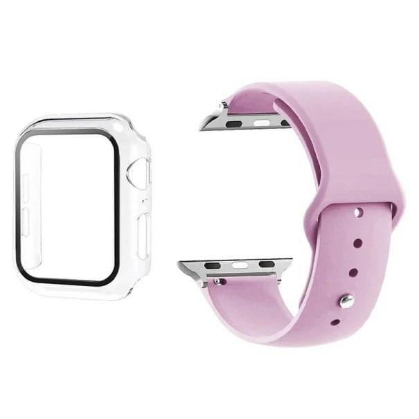 Sada ochranného skla, puzdra a remienka pre Apple Watch 42 mm Series 3/2/1 – 9H tvrdené sklo, matný rámček, ochrana displeja a hodiniek svetlo fialová