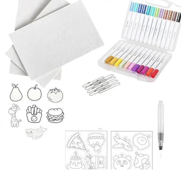 Sada pěnových papírů obdélník cca 11 × 7 cm + 12 fixů vodní štětec stojan a řetízek 3D kreslicí papír pro DIY malování 1