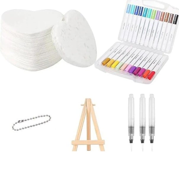 Sada pěnových papírů srdce cca 6,5 cm + 12 fixů vodní štětce stojan a řetízek 3D kreslicí papír pro DIY malování 1
