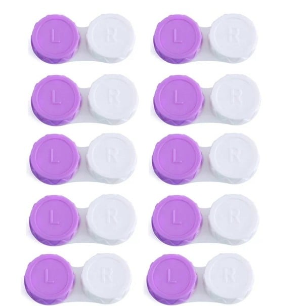 Sada pouzder na kontaktní čočky 10 ks velikost 5,5 x 1,4 cm plastové barevné pouzdro s označením L a R pro každodenní použití fialová
