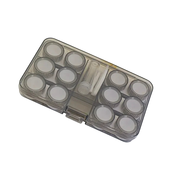 Sada pouzder na kontaktní čočky s příslušenstvím velikost 15 x 9,2 cm plastové průhledné pouzdro s více boxy pro cestování šedá