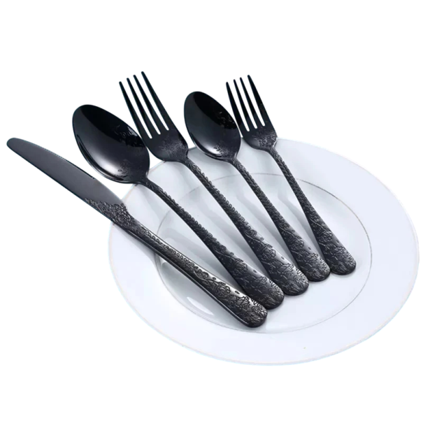 Sada příborů z nerezové oceli Nůž vidlička lžíce Elegantní gravírované rukojeti Stolní příbory Nádobí pro domácnost restaurace černá