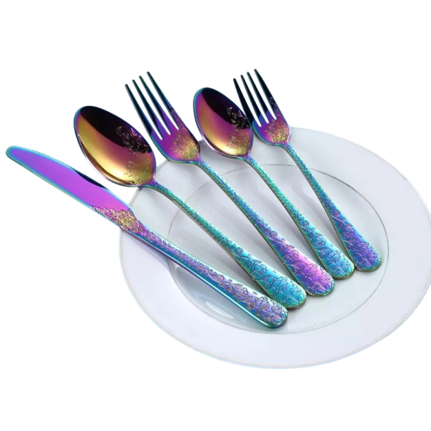 Sada příborů z nerezové oceli Nůž vidlička lžíce Elegantní gravírované rukojeti Stolní příbory Nádobí pro domácnost restaurace duhová