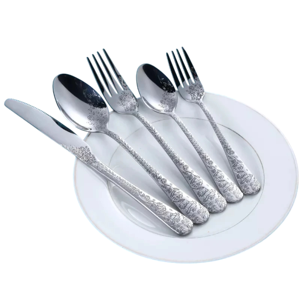 Sada příborů z nerezové oceli Nůž vidlička lžíce Elegantní gravírované rukojeti Stolní příbory Nádobí pro domácnost restaurace stříbrná