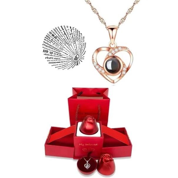 Sada projekčního náhrdelníku srdce Titanový řetízek Projekce Miluji tě ve 100 jazycích Dárková krabička ve tvaru růže Rose gold