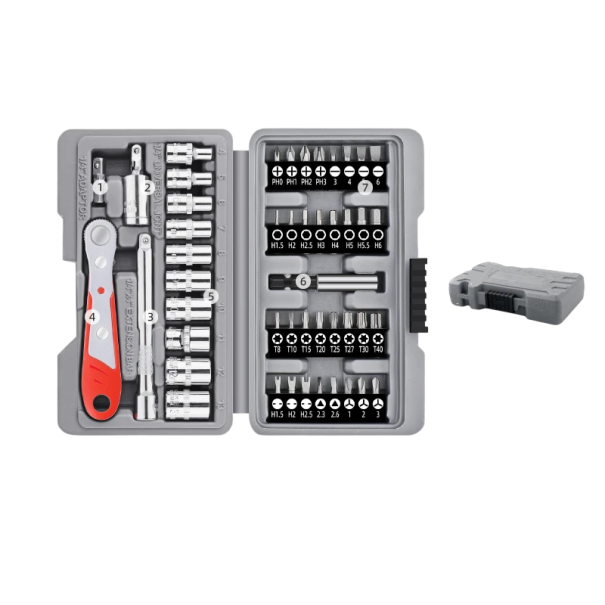 Sada ráčny a bitov Apollo 47 ks 0,64 s rýchloupínaním chrom vanádiová oceľ šedo červená pre opravy automobilov a dielňu bitový kľúč