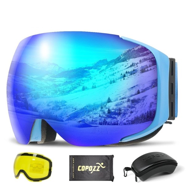 Sada s lyžařskými brýlemi, vyměnitelnou žlutou čočkou, látkovým obalem a pouzdrem na brýle Zrcadlové brýle na lyže a snowboard s filtrem UV400 23 x 9,5 cm modrá