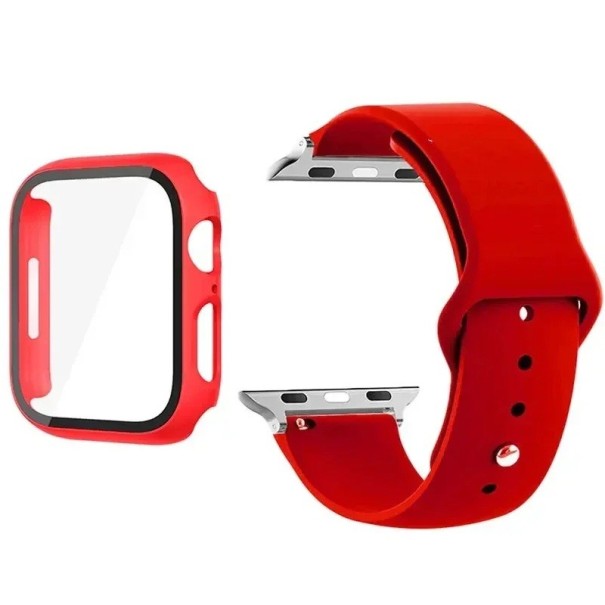 Sada tvrdeného skla, krytu rámčeka a remienka pre Apple Watch 41 mm Series 9/8/7 – 9H ochranné sklo na displej, matné puzdro hodiniek červená