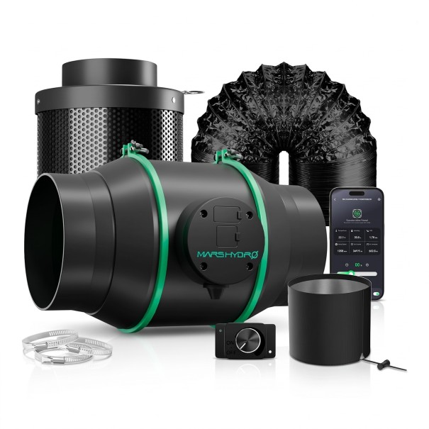 Sada ventilátora s uhlíkovým filtrom a potrubím, regulácia otáčok, 100 mm (4"), 205 CFM, EC motor, čierna, pre pestovateľský stan a rastliny 1