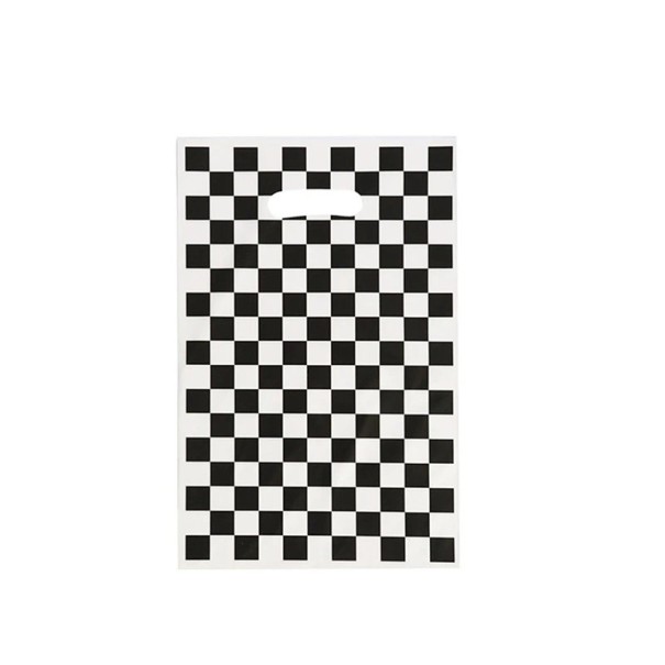 Sæt af 10 stk gaveposer 25 × 16,3 cm plastiske hvide poser med sort ternet mønster til indpakning af gaver og slik 1