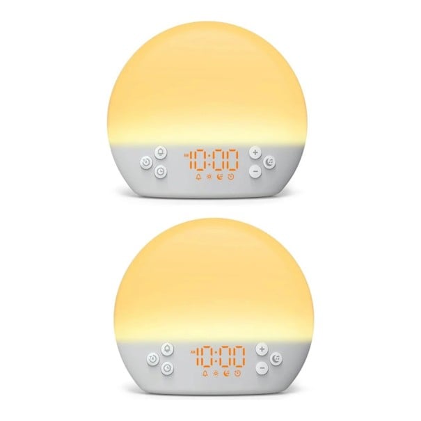 Sæt af 2 lys vækkeure med simulation af solopgang og solnedgang 30 lyde til søvn Hvid støj 8 farver og RGB tilstande 2 vække tider USB Hvid 1