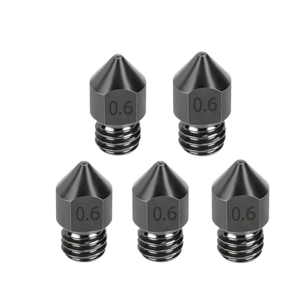 Sæt af 5 stk hærdede stål dyser 0,6 mm M6 til filament 1,75 mm Hurtig volumetrisk 3D print Hårde dyser til tykkere lag 1