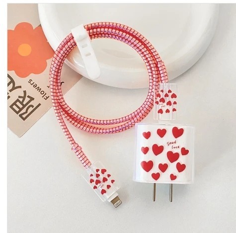 Sæt af beskyttelseskapsler til iPhone oplader og kabel, dekorativt cover mod brud, 5 dele, kompatibel med 18W/20W rød