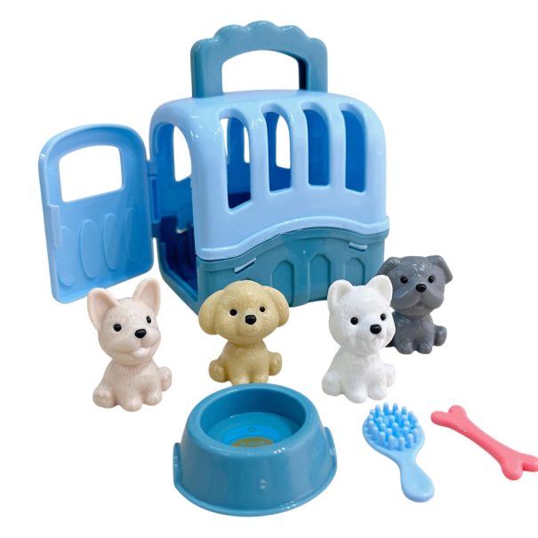 Sæt af plastiske legetøj til børn Transportkasse til hunde Figurer af hunde med skål, børste og knogle Leg med kæledyrsejere blå