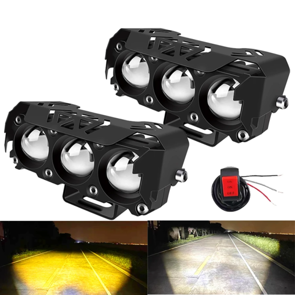 Sæt med 2 LED trepunktsforlygter 50W 1000 lm til motorcykler Hvidt og gult lys DC/AC 10–80V IP67 Tænd/sluk-knap Aluminiumshus Fjern- og nærlys 1
