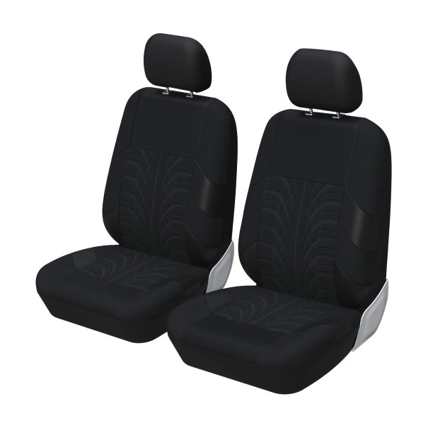 Sæt med 2 stk. beskyttende bilsædebetræk til forsæder, dæktryk, design, polyester, stilfuldt mønster, nem vedligeholdelse, kompatibel med airbags sort