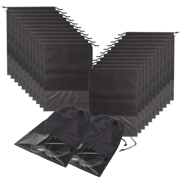 Sæt med 24 rejsetasker til sko til kufferten Til et par sko Gennemsigtigt vindue Snor Non-woven stof 44 x 32 cm Sort farve 1