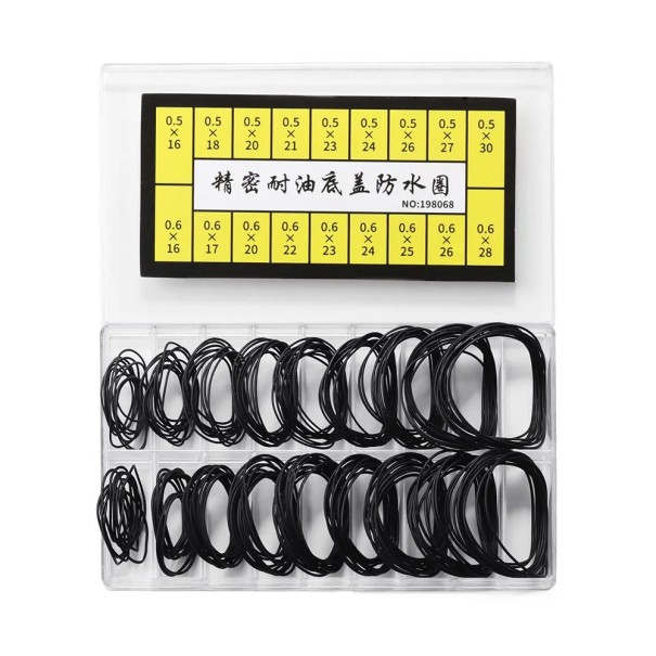 Sæt med 28 typer O-ringe til ure, 0,5 og 0,6 mm. Plastikæske til service af urkasser og låg. Overskuelig opbevaring. 1