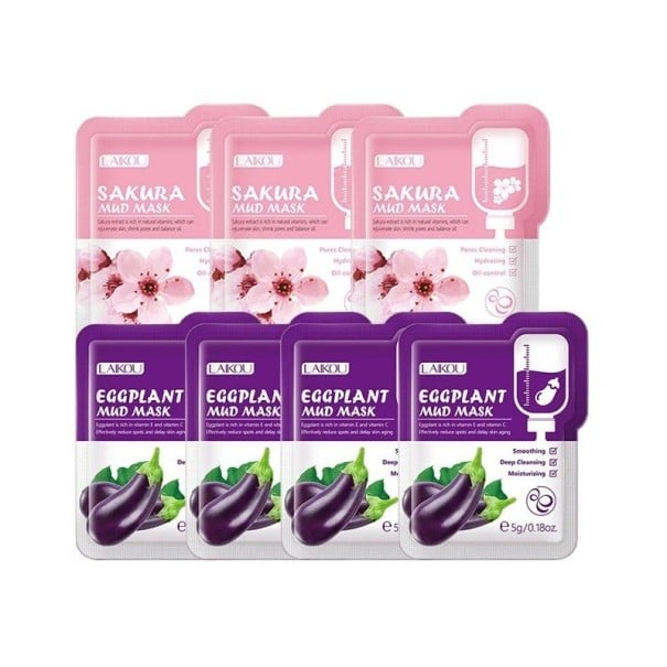 Sæt med 3 ansigtsmasker med kirsebærblomst og 4 med aubergine til hydrering og rensning af huden 1