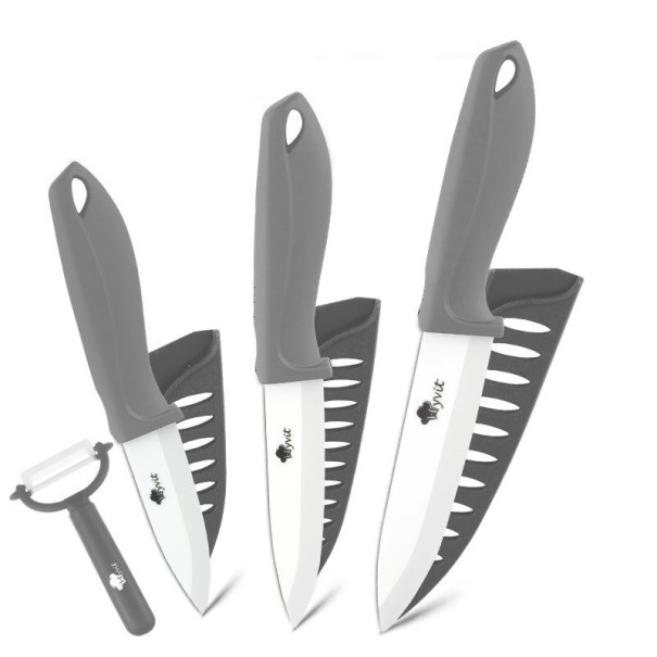 Sæt med 3 keramiske knive og en skraber grå