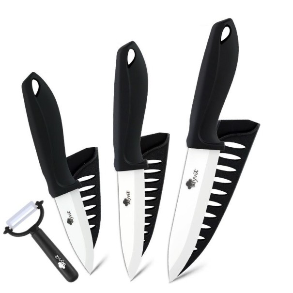 Sæt med 3 keramiske knive og en skraber sort