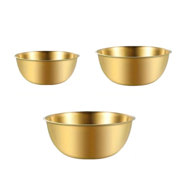 Sæt med 3 madlavningsskåle i rustfrit stål med volumenmarkeringer Køkkenskåle i rustfrit stål Dejskåle Ingredienser og madlavning guld