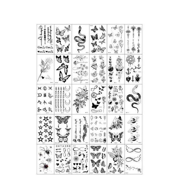 Sæt med 30 stk. midlertidige tatoveringer 5,7 x 9,7 cm blomster, sommerfugle, slanger, stjerner og forskellige symboler til dekoration af krop 1