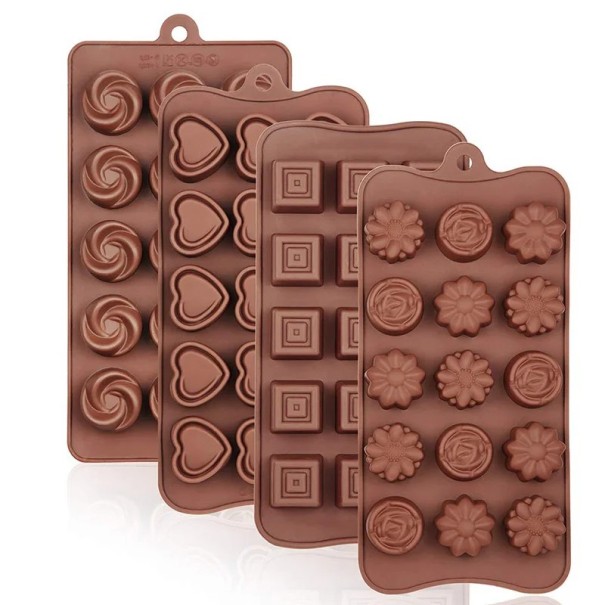 Sæt med 4 silikone chokoladeforme - hjerter, blomster, roser, firkanter, hjemmelavede slik, fremstilling, praliner, bagning, non-stick, genanvendelig 1