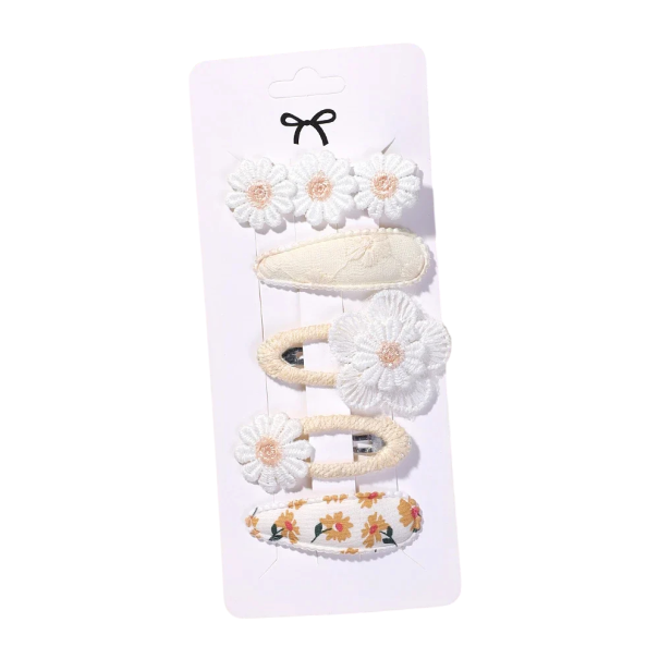 Sæt med 5 hårspænder til børn Hvide med blomster Søde hårtilbehør Delikat design Blomsterdekoration Elegant styling Behagelige at have på 1