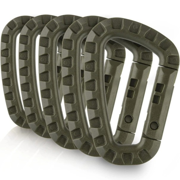 Sæt med 5 plastikkarabinhager 8,5 x 6 cm universalklemmer til ophængning af nøgler og tilbehør neutrale farver camping vandreture rejseorganisation armygrøn