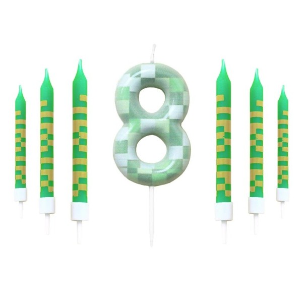 Sæt med 7 grønne fødselsdagslys pixel-tema kagedekorationer videospil tallys 0-9 fødselsdagsfest 9,5x0,8cm 8