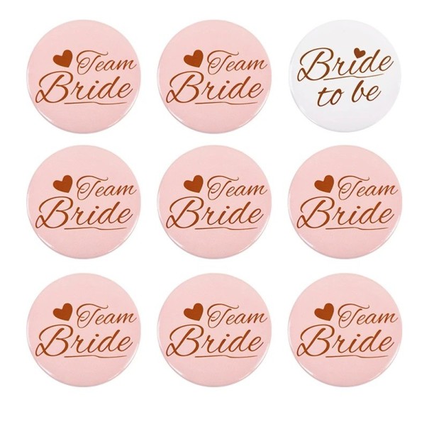 Sæt med 9 stk. badges til polterabend 1× Bruden 8× Brudens team Bryllupsfest dekoration 1