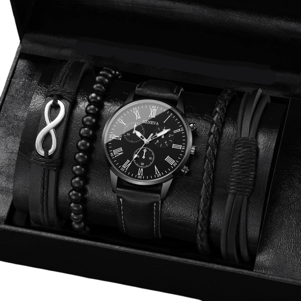 Sæt med herreure med læderrem, sort farve, 3 læderarmbånd med uendelighedssymbol, 1 perlerembånd, elegant gave 1