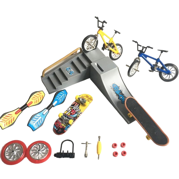 Sæt med rampe, mini-skateboard og cykel grå