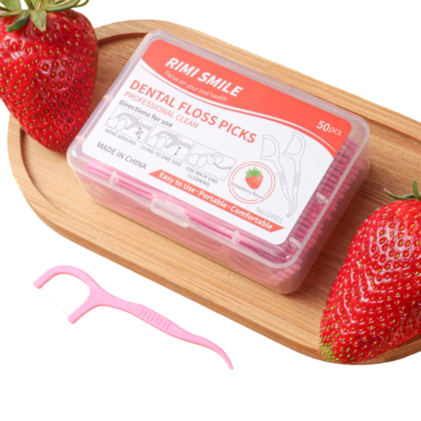 Sæt med tandtråd og tandstikker 50 stk 2i1 holder med tråd plastfarvet kasse til rengøring af mellemrum mellem tænderne Strawberry