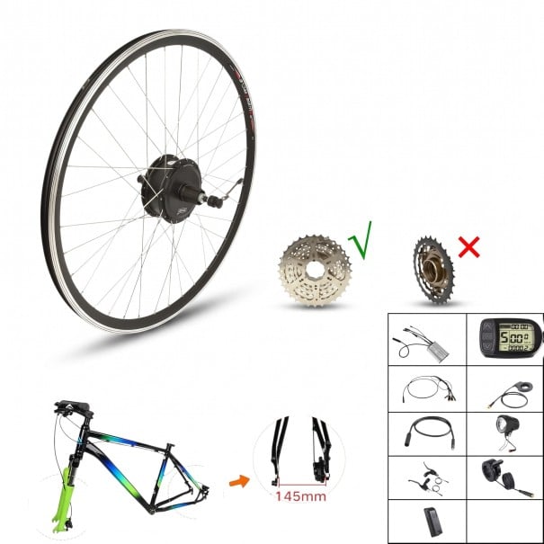 Sæt til ombygning til elcykel Bagmotor i navet MXUS XF08C 36 V 250 W Cykel 26" Bremssensor Til kassette 8–9 gear LCD skærm Sort 1