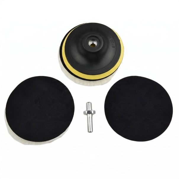 Sæt til polering med boremaskine 4 tommer 3 uldskiver 11 cm Aftrækkerplade 10 cm Velcro Fastspændingsstang Hvid Til boremaskine og polermaskine 1