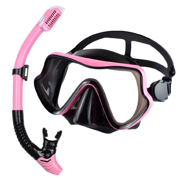 Sæt til snorkling Briller 16,5 x 8,8 cm med silikoneforsegling Hærdet glas Snorkel 43 cm med ventil Dykkerudstyr rosa