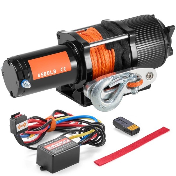 Sähkökäyttöinen vinssi 12V teräslangalla kantavuus 2041 kg mitat 35,4×11,7×12,3 cm musta-oranssi maastoajoon ja käsittelyyn 1