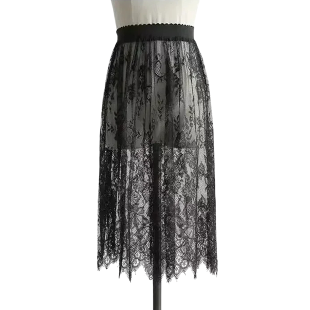 Saia curta de tule com renda e cintura elástica alta Saia elegante e transparente comprimento 60 cm Saia mini romântica para fotografias e celebrações preto XS