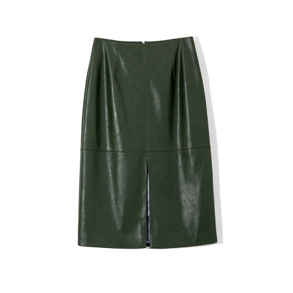Saia de couro feminina com fenda verde escuro XS