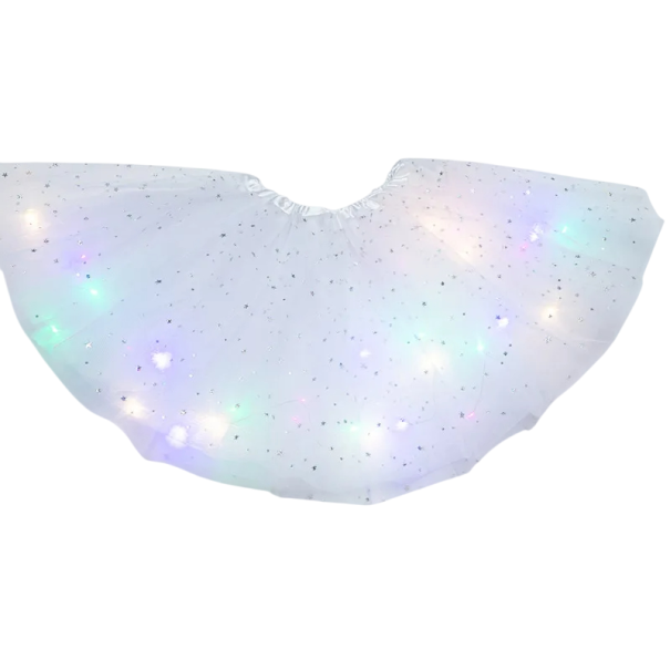 Saia de Tule LED Brilhante para Mulheres 40 cm Saia de Balé Mini com Estampado de Estrelas Saia Tutu em Camadas a Pilhas CR2032 Acessório de Carnaval branco