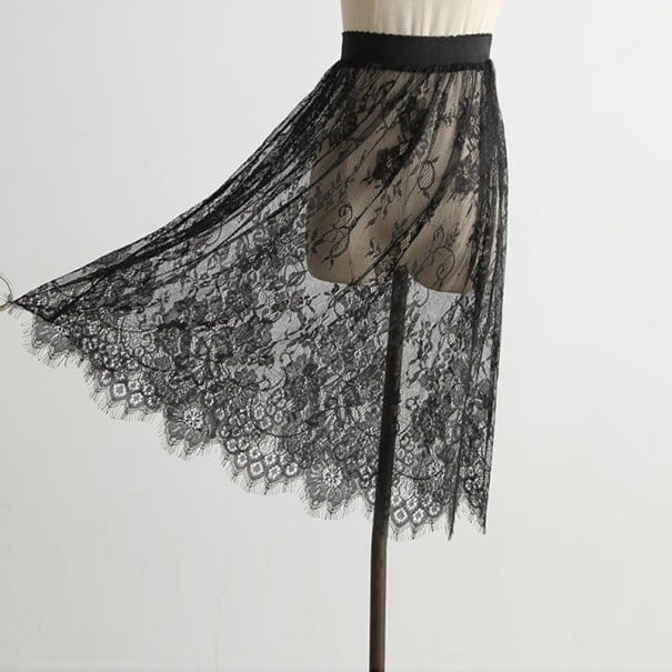 Saia feminina em renda transparente com padrão floral Bainha de franjas suave Cintura elástica Corte solto e franzido Poliéster leve preto