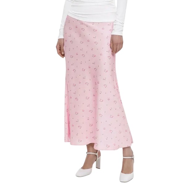 Saia longa de cetim de verão para mulheres com padrão floral Saia maxi solta com cintura alta Saia floral elegante para o verão rosa L