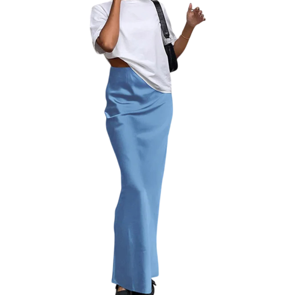Saia longa de cetim elegante com cintura alta Saia brilhante até aos tornozelos para mulheres Saia maxi da moda para a noite Saia de festa azul L