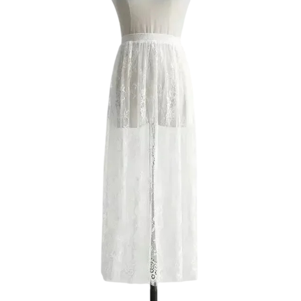 Saia longa de tule rendado com cintura elástica alta Saia transparente elegante com 80 cm de comprimento Saia em camadas para mulheres para sessões fotográficas e celebrações branco S